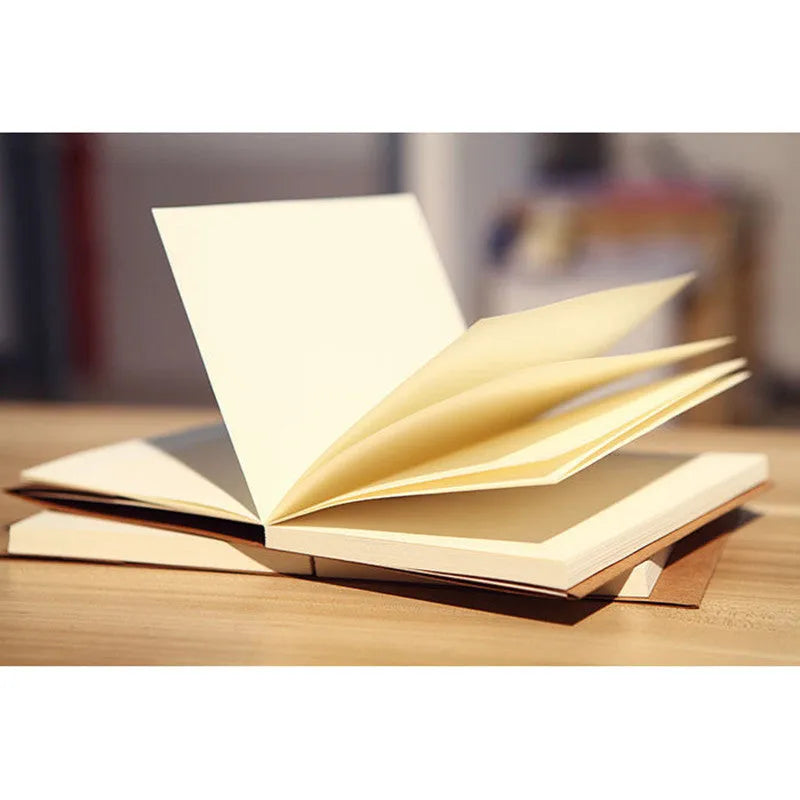 Brown and white kraft paper sketchbooks showing flat-lay wireless binding and open pages.