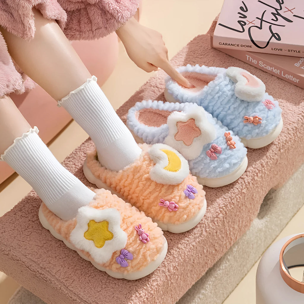 Women's light blue cartoon animal pattern fleece-lined slippers with round toe and PVC sole