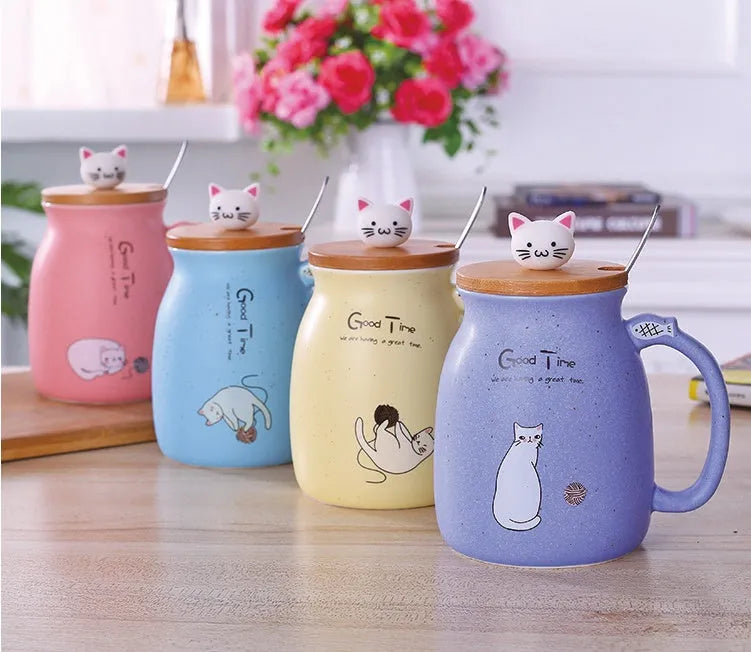450ml cartoon ceramics cat mug with lid and spoon in pink