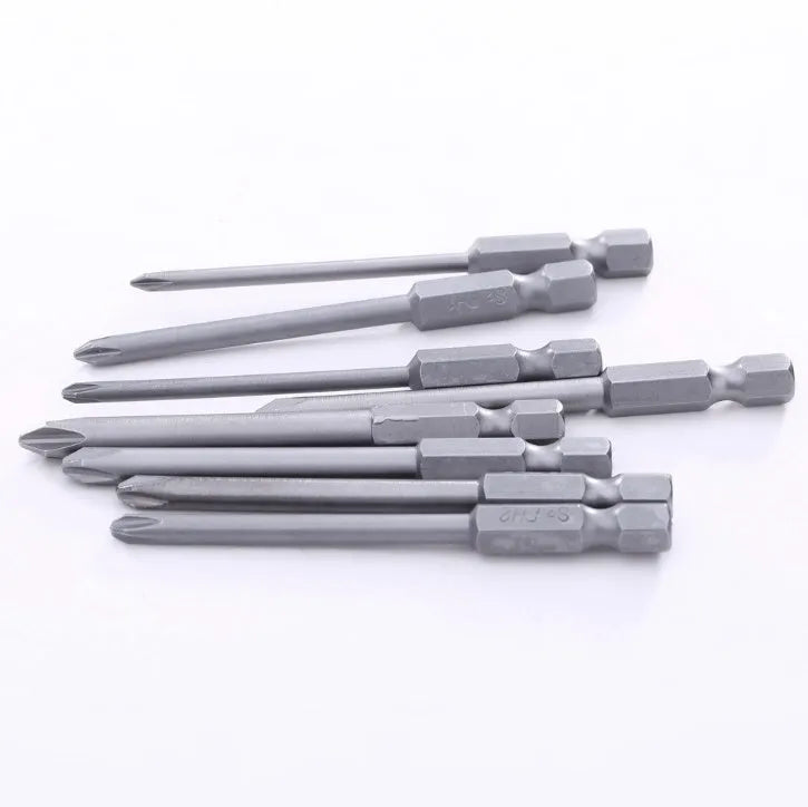 8-piece set of long magnetic cross head screwdriver bits in PH0, PH1 and PH2 sizes on a white background.