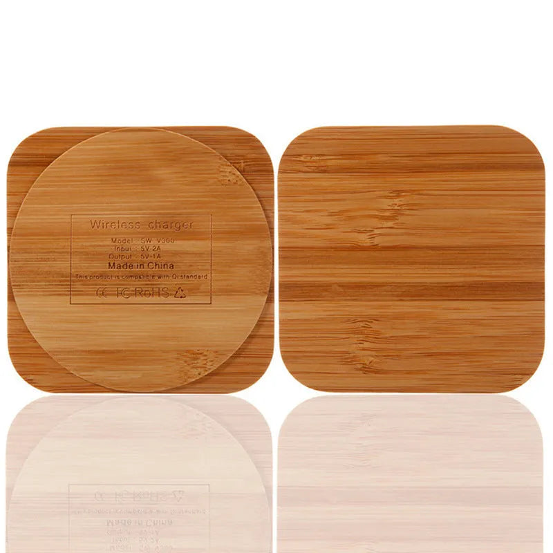 Square bamboo wireless charger showing 92mm dimensions with Qi charging symbol