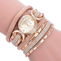 New casual rhinestone watch for women with round stainless steel case, leather band, and analog quartz movement