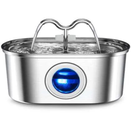 Stainless steel pet water dispenser with large 4-litre tank and selectable water outlet design