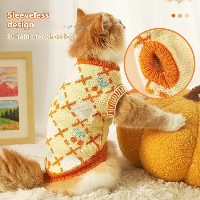 Orange diamond cherry fleece cat sweater for autumn and winter