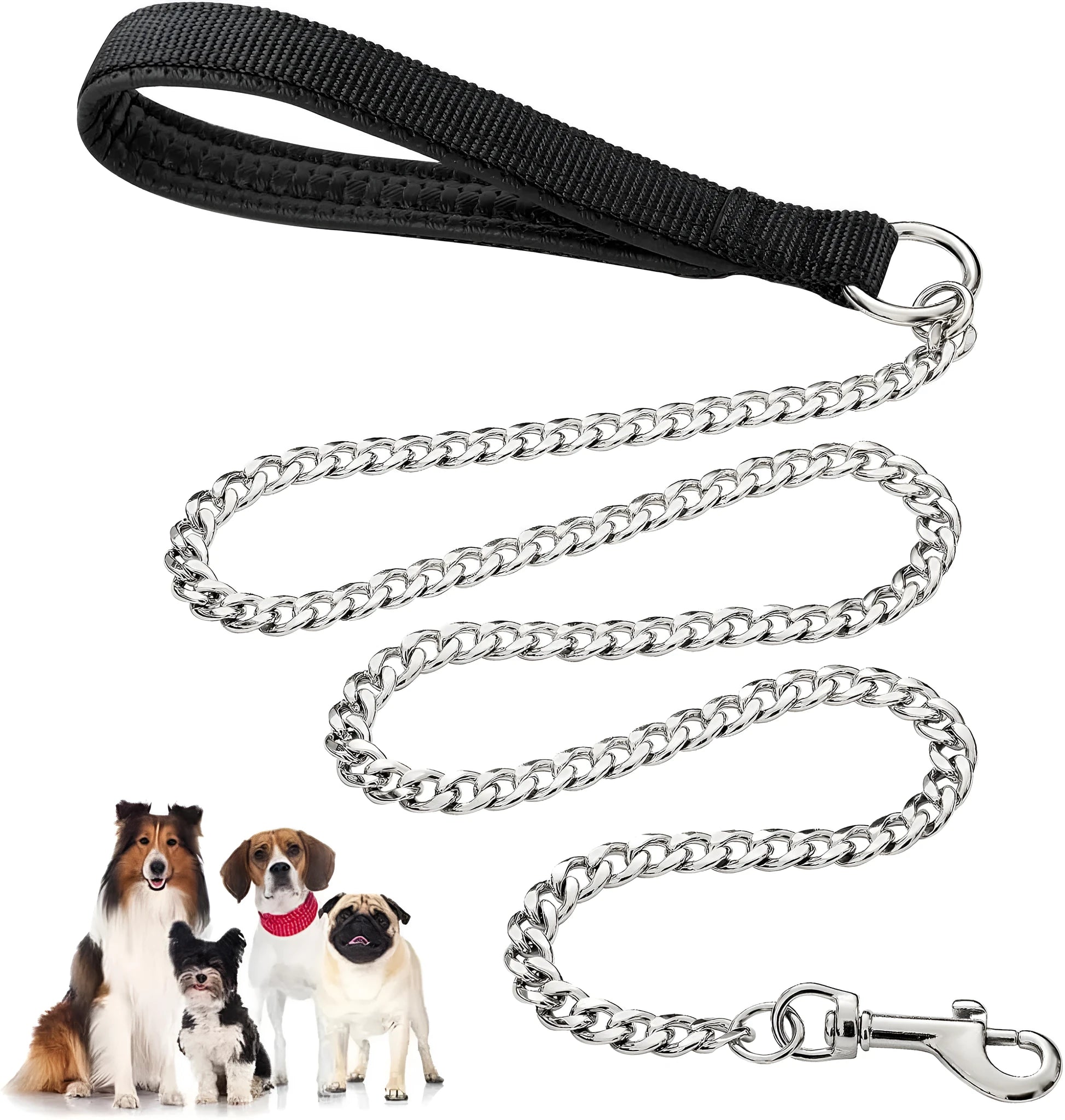 Heavy duty metal dog leash with soft padded handle showing black colour option
