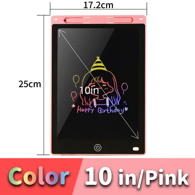 LCD drawing tablet for kids in light blue, showing colourful lines drawn with a plastic stylus.