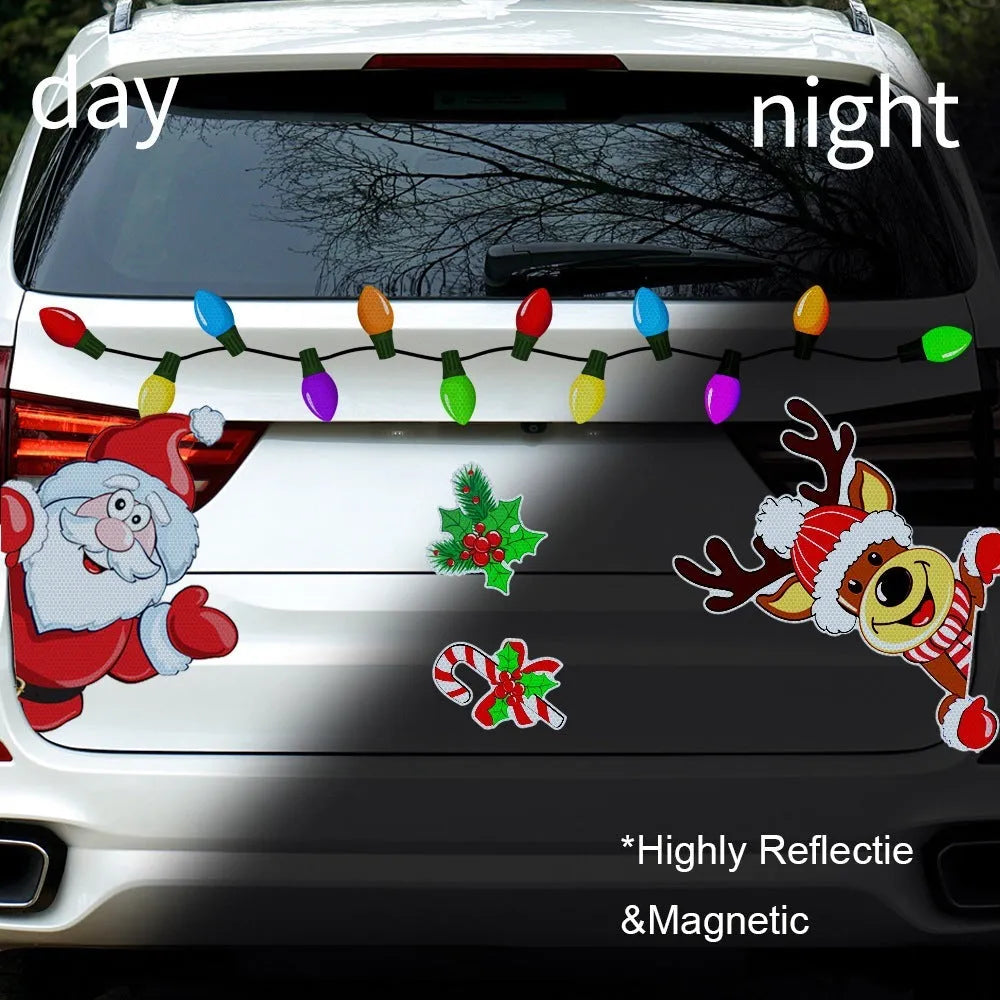 Reflective red and white Christmas elk cartoon design on a medium magnetic sticker.