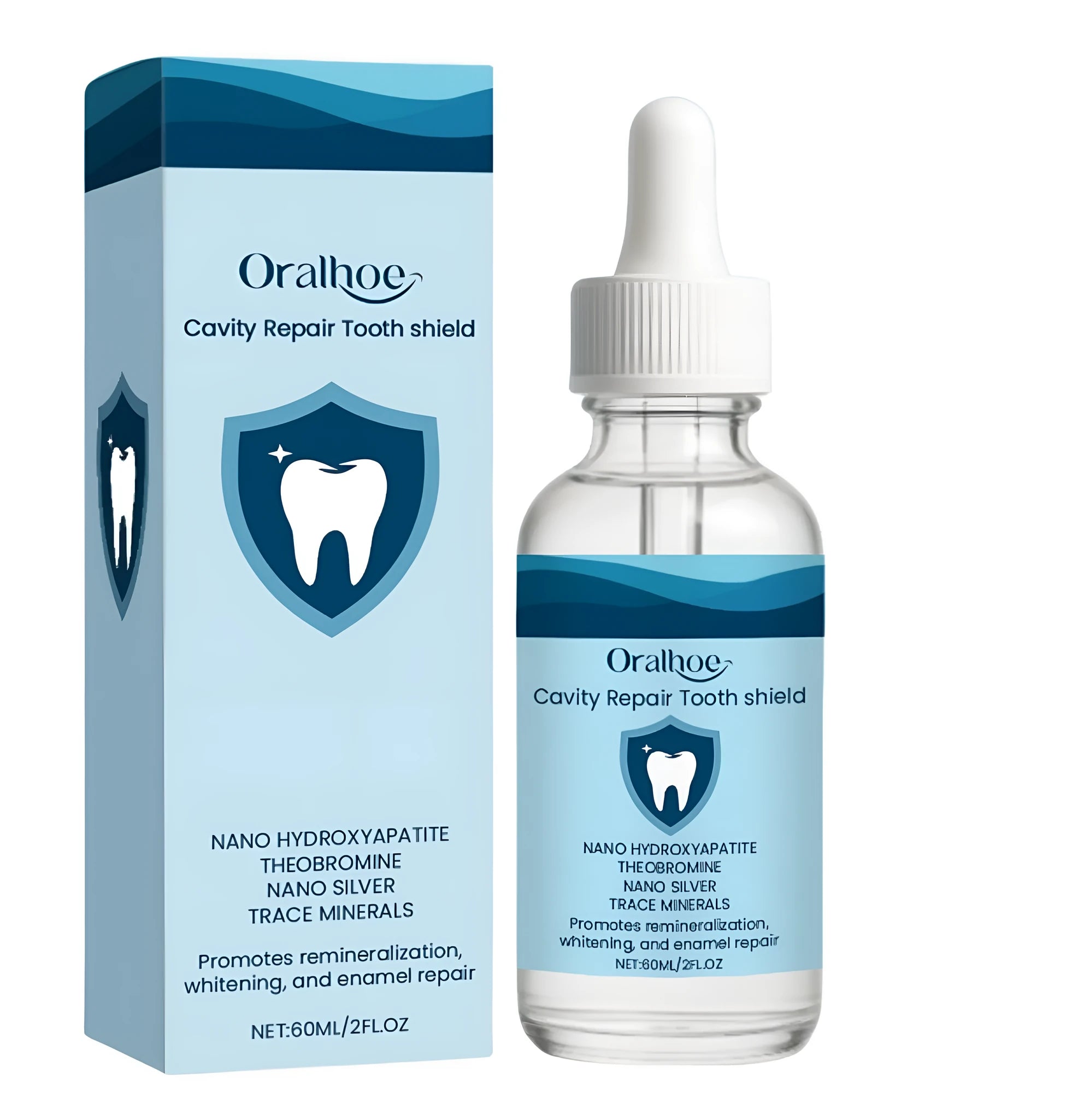 60ml bottle of dental restorative fluid containing hydroxyapatite and theobromine
