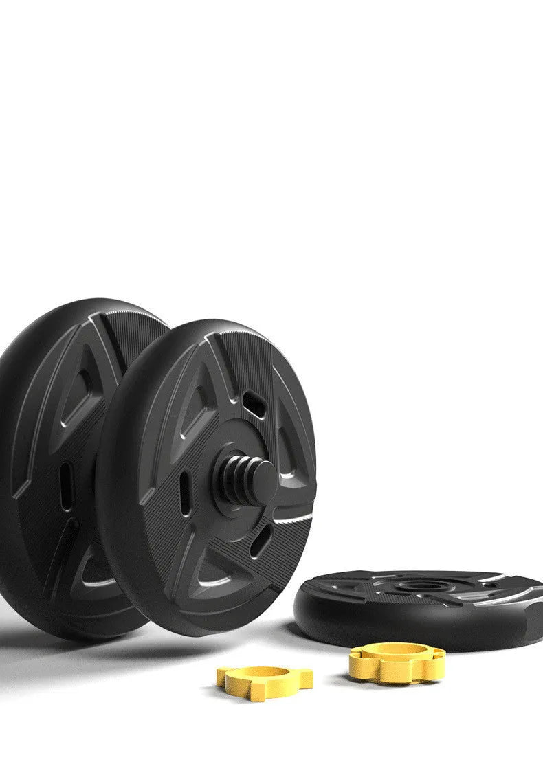 Rubber-coated dumbbell set with foam grip handle and double safety nut on wooden floor
