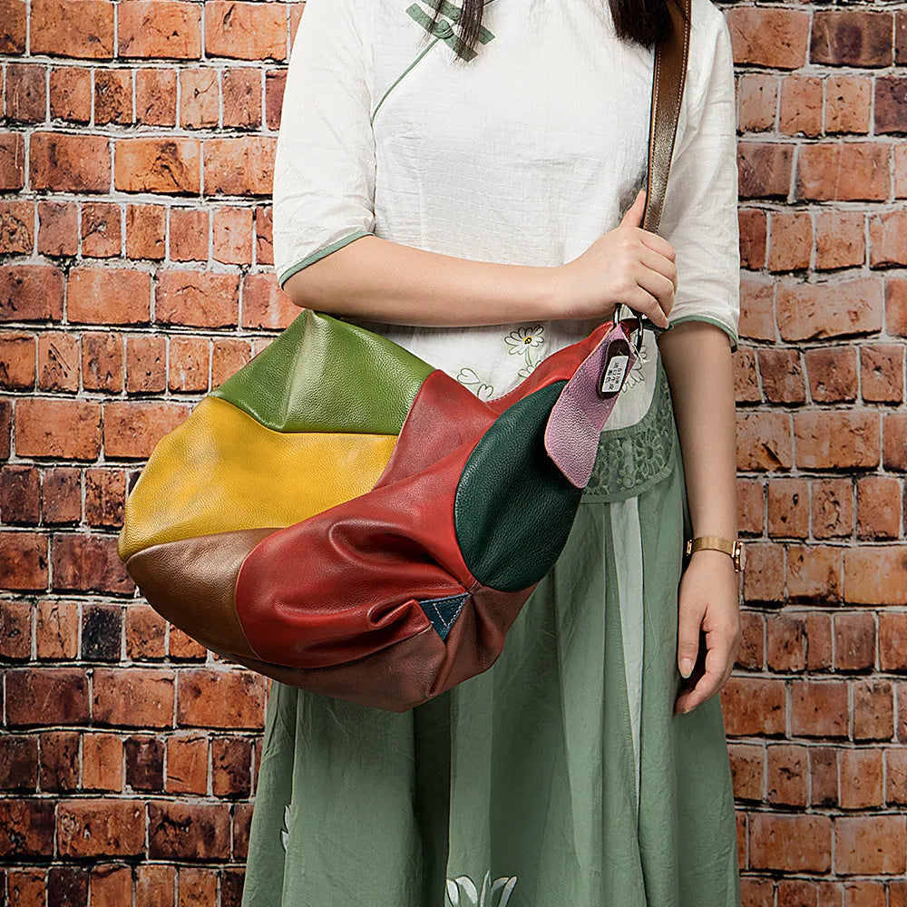 Cowhide leather crossbody bag in picture colour with stitching rubbing finish, sized 48cm x 15cm x 37cm