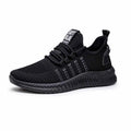 Men's casual sports shoes with flying weave upper, striped three-bar design, low-top round toe in black
