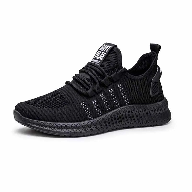 Men's black casual sports shoes with three white stripes and cross-strap detail on the Flying Weave upper.