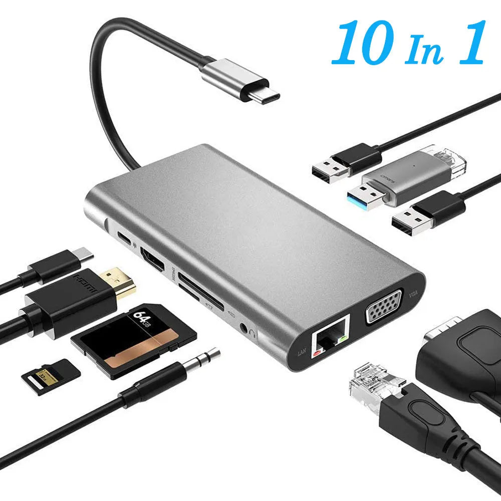 Grey 10-in-1 USB Type-C expansion dock with HDMI, VGA, Ethernet, USB 3.0 ports, and card readers