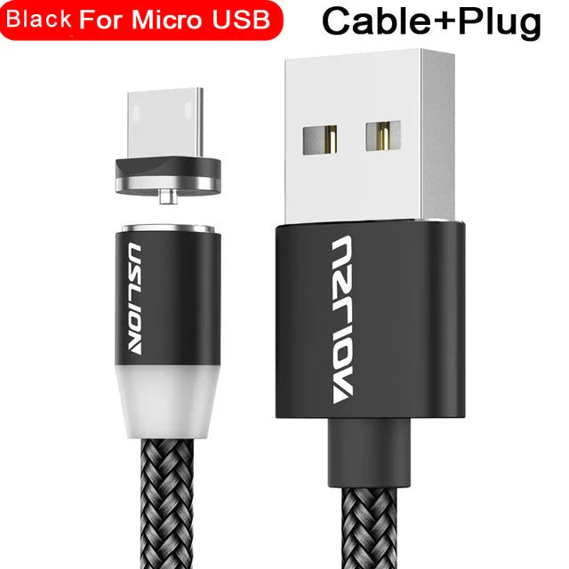 USLION circular magnetic charging cable in black, showing magnetic connector and plug for Android, iOS, or Type-C device.