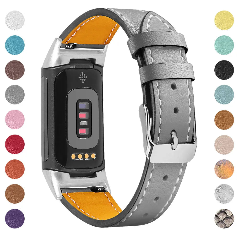 Genuine cowhide leather replacement strap for Fitbit Charge 5 and Charge 6 smartwatches in various colours.
