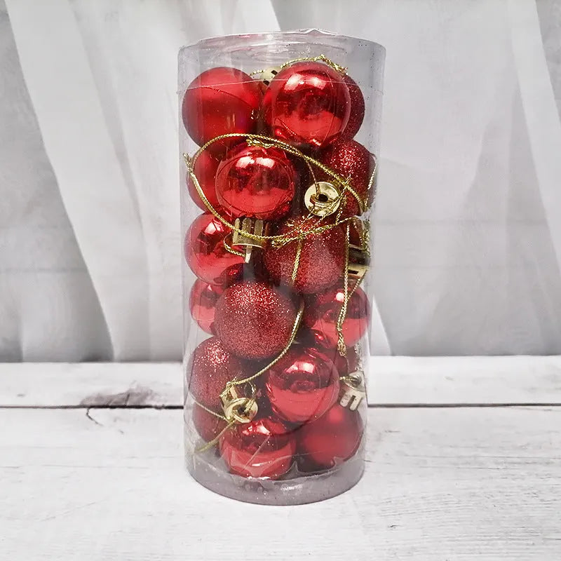 Assortment of 3cm shiny matte Christmas ball decorations in gold, red, silver, blue, and pink colours.