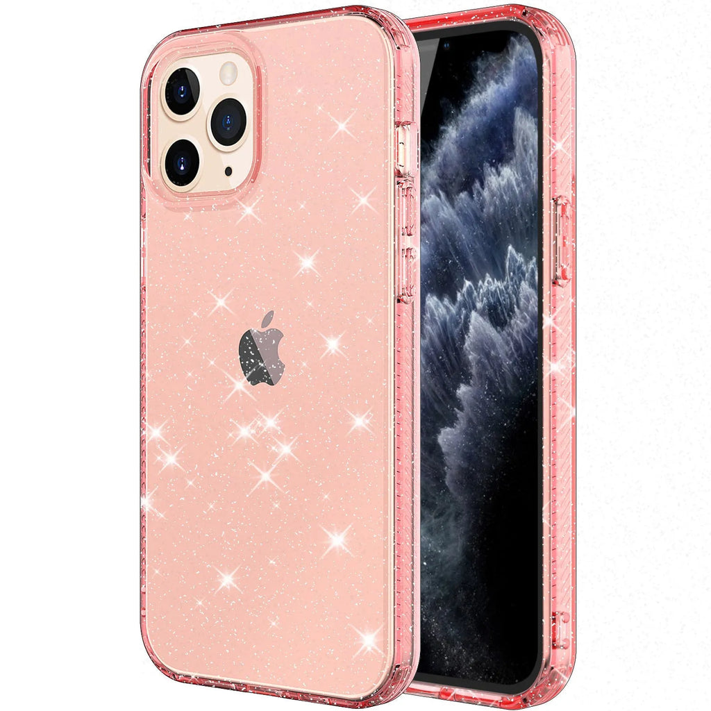 Glitter transparent TPU phone case for iPhone 12 Pro Max in pink, black, purple, and clear colours.