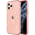 Glitter transparent TPU phone case for iPhone 12 Pro Max in pink, black, purple, and clear colours.