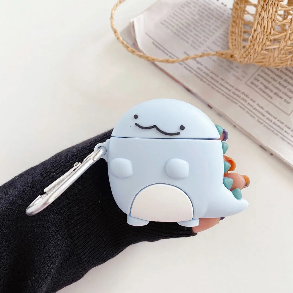 Blue silicone earphone case with a cute baby dragon design, fitting a single Apple AirPod.