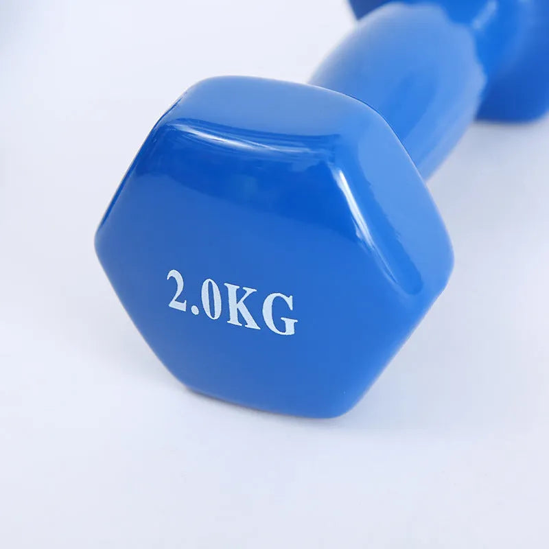 Bright colour plastic-coated fitness dumbbells in 0.5kg, 1kg, and 1.5kg weights for home workouts