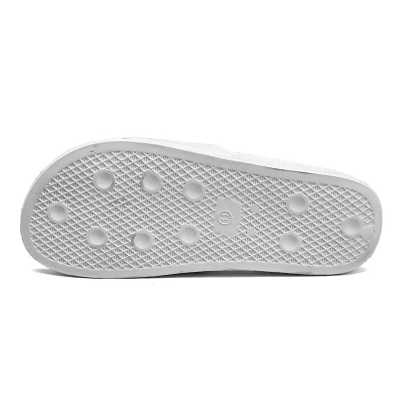 Men's black and white open toe personalised slippers with a rubber sole, shown in a large size.