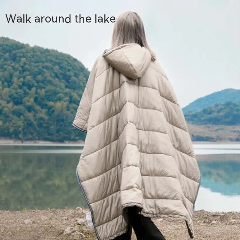 Grey adult outdoor cloak sleeping bag convertible to wearable camping cape with nylon fabric