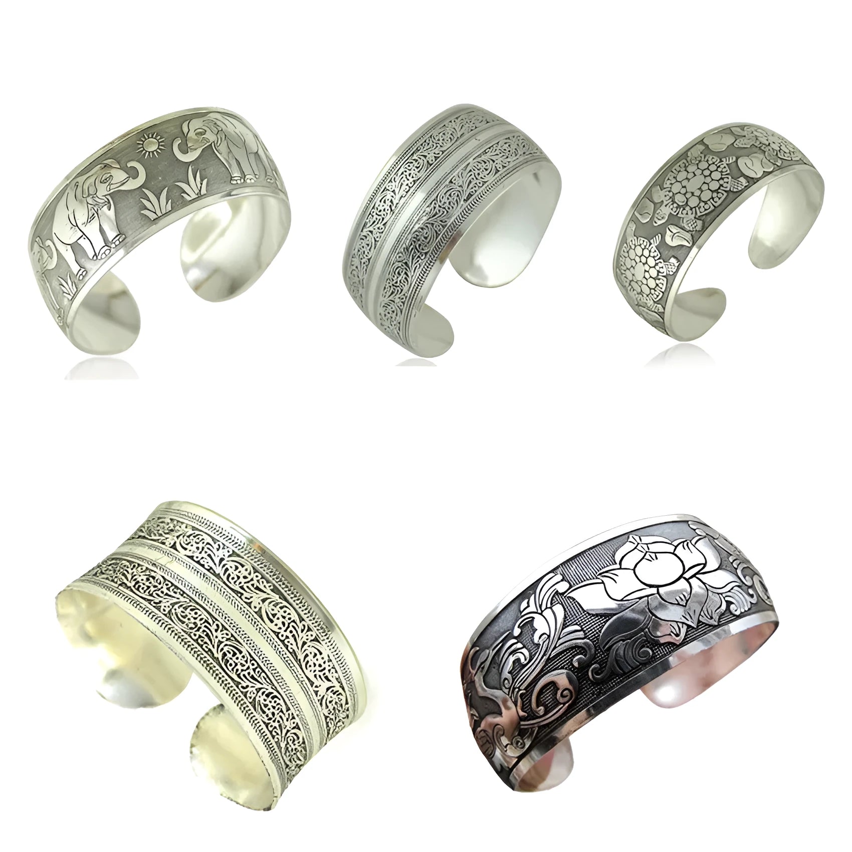 Carved open ethnic bracelet with Miao silver style design in alloy material showing elephant or turtle colour motifs