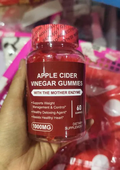 Bottle of apple cider vinegar gummy supplements containing 60 tablets for adults.