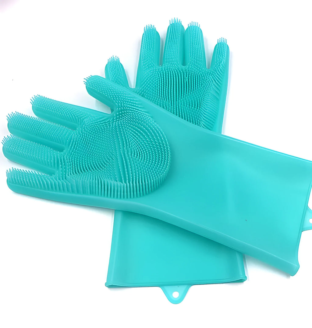 Blue silicone cleaning gloves with a textured sponge palm design for scrubbing.