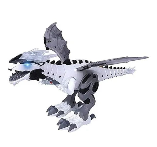 Remote control dinosaur robot in green on a light background, with hand-held remote control beside it