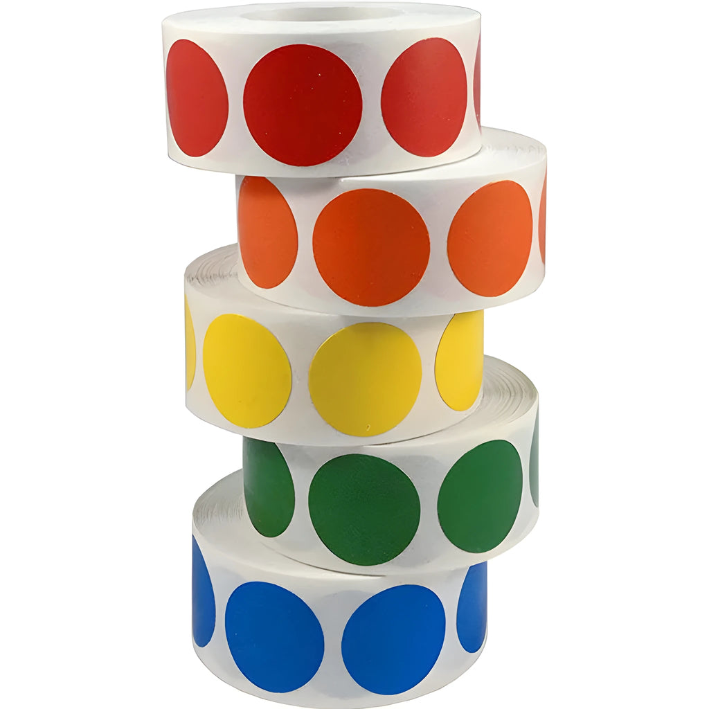 Chroma colour code point label stickers roll showing 2.5cm round labels in multiple colours with permanent glue