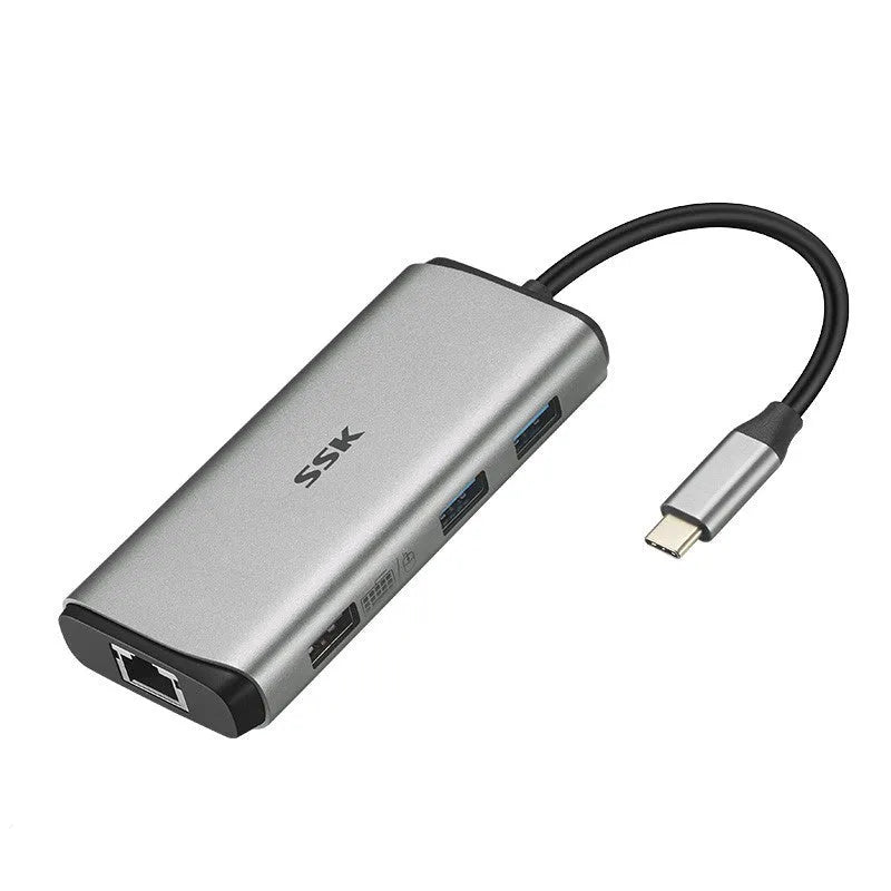 11-in-1 grey metal USB C hub adapter with HDMI VGA USB 3.0 network port PD 3.0 and SD card reader on 0.15m cable