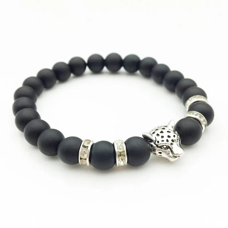8mm natural stone and lava stone bead bracelet with leopard head pendant for men, 18cm diameter, gold frosted black