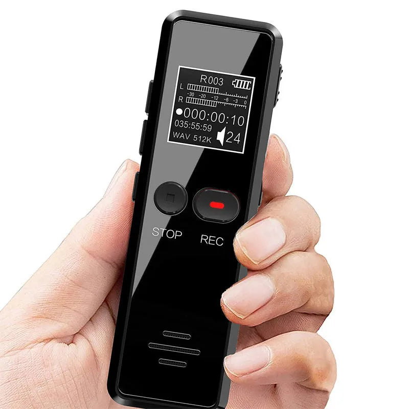 Black zinc alloy USB voice recorder and MP3 player showing LCD screen and USB connector.