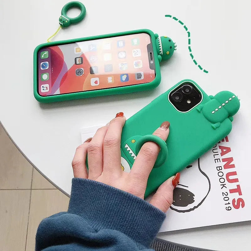 Green silicone phone case with cartoon animal design for Apple iPhone showing back cover