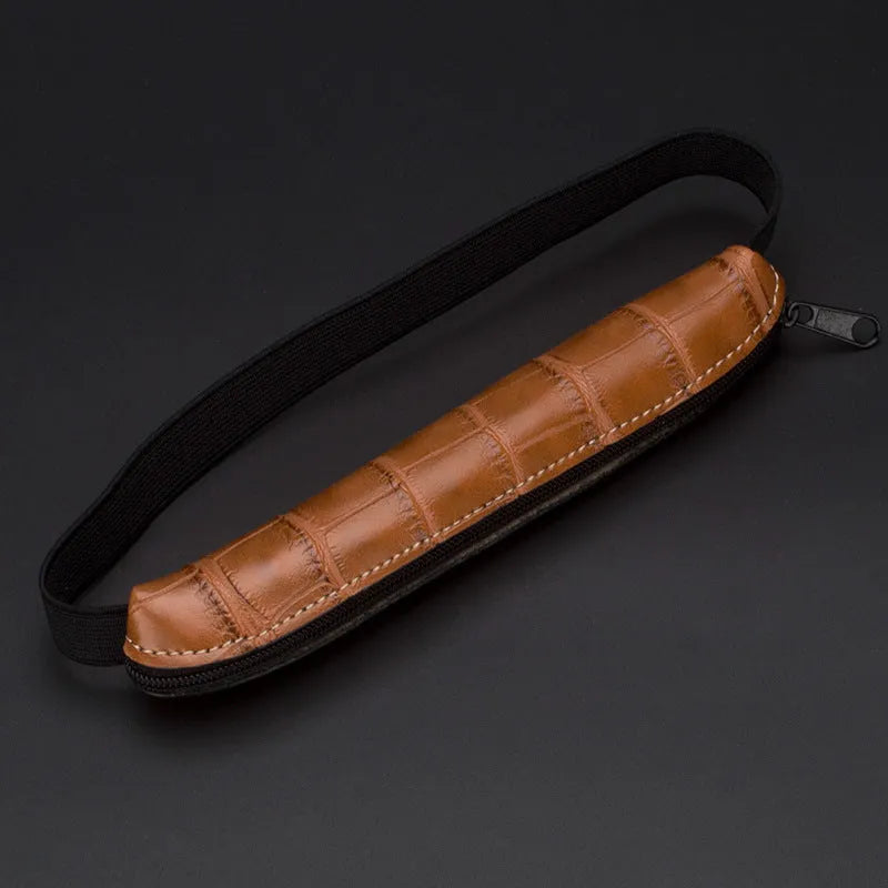 Long slim beige grey PU leather pencil case showing 16.5cm length