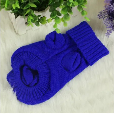 Knitted wool dog sweater with fabric buttons in assorted colours, sizes XS to XXL
