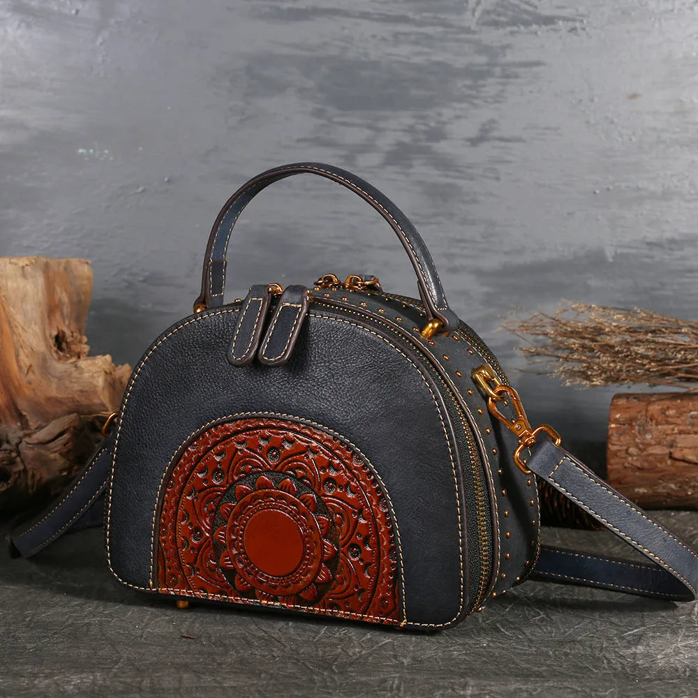 Vintage suede cowhide handbag with multi-functional interior compartments, 21cm length, in Bean Shahong colour