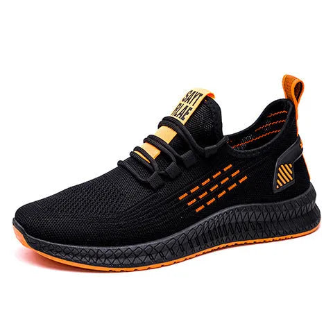 Men's black casual sports shoes with three white stripes and cross-strap detail on the Flying Weave upper.