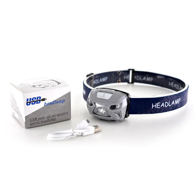 Head-mounted LED sensor headlight with adjustable webbing strap, shown in black colour.