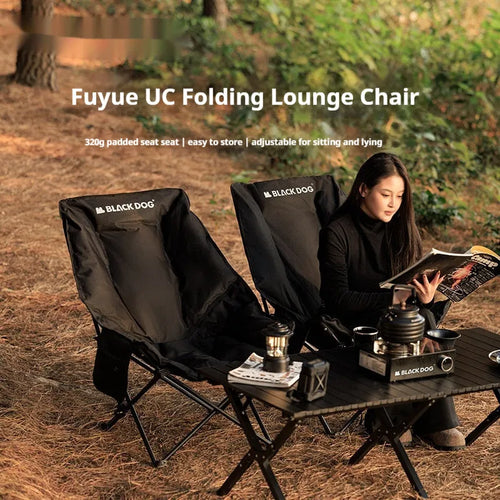 Black Oxford cloth folding moon chair with thickened seat cushion in folded position