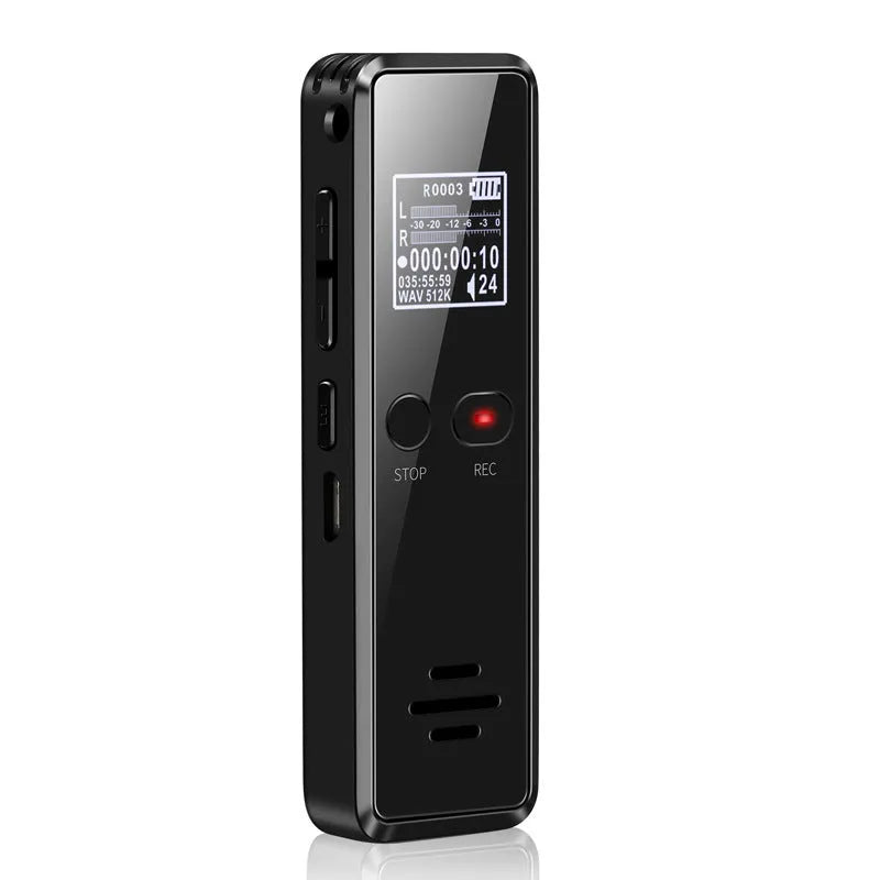 Black zinc alloy USB voice recorder and MP3 player showing LCD screen and USB connector.