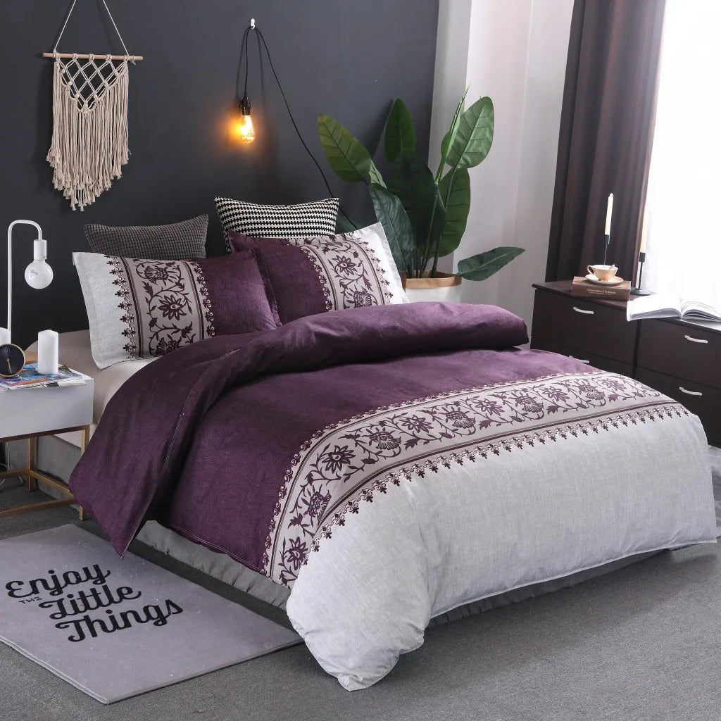 Plain weave polyester duvet cover set in solid colour or floral pattern on a bed