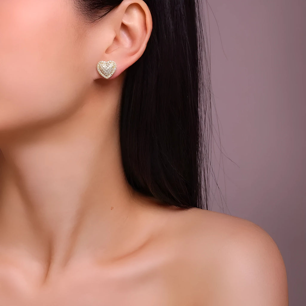 S925 sterling silver heart-shaped moissanite stud earrings with gold-colour plating