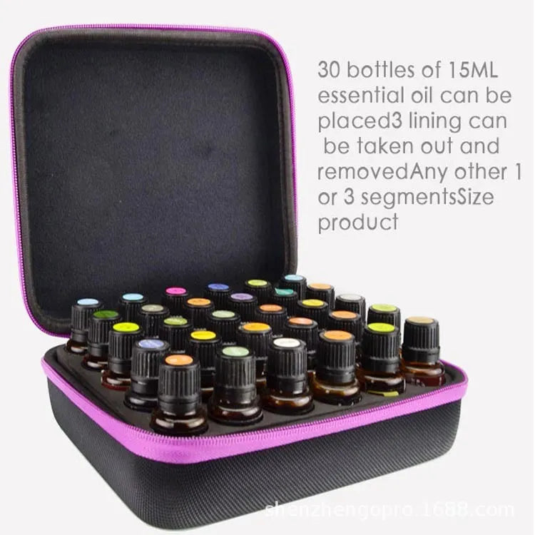 Red EVA cube-shaped bag with 30 compartments for 15ml essential oil bottles, shown with zipper open.