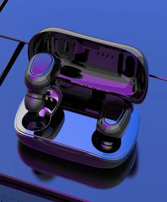 Sports mini in-ear Bluetooth 5.0 headphones in black with charging chamber and silicone ear caps