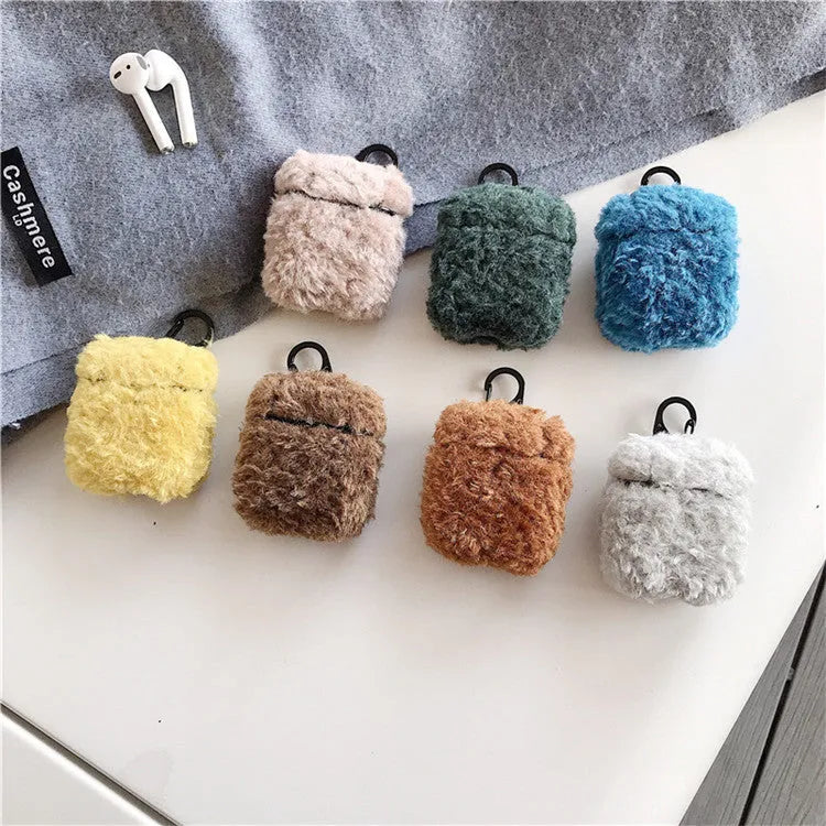 Green plush plastic headphone cover for Apple AirPods showing creative design elements