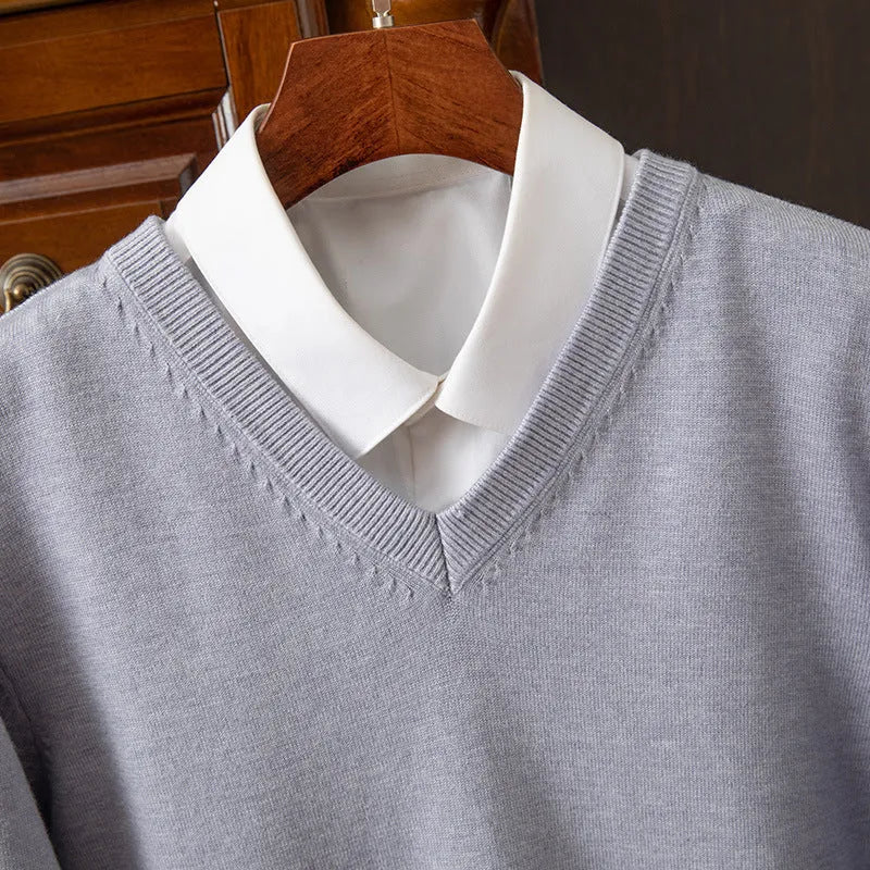 Men's V-neck knitted pullover sweater in grey, made from viscose blend fabric, with ribbed hem