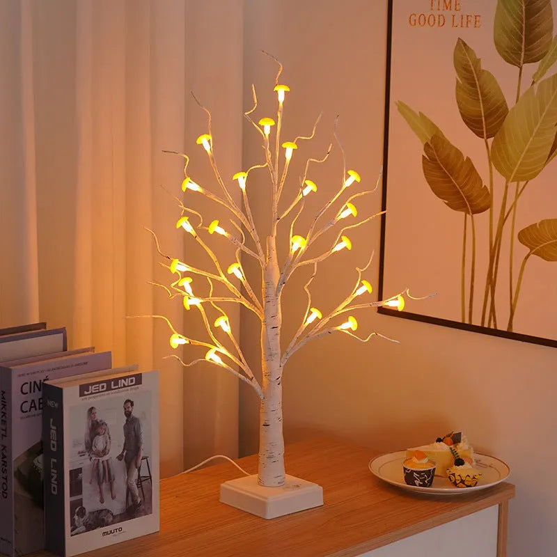 60cm tall mushroom tree lamp with birch design and 24 detachable flowers, warm LED lighting