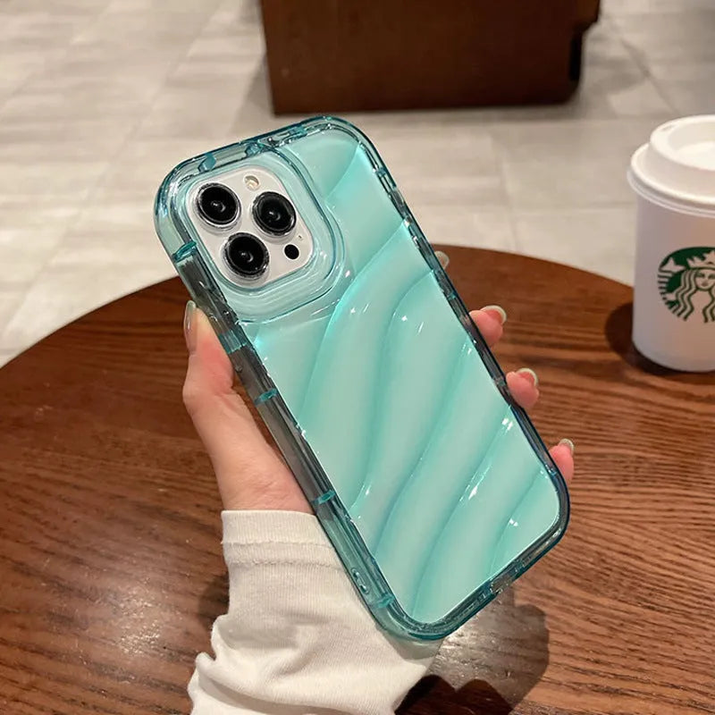 Transparent silicone phone case with embossed texture for iPhone, shown in clear finish